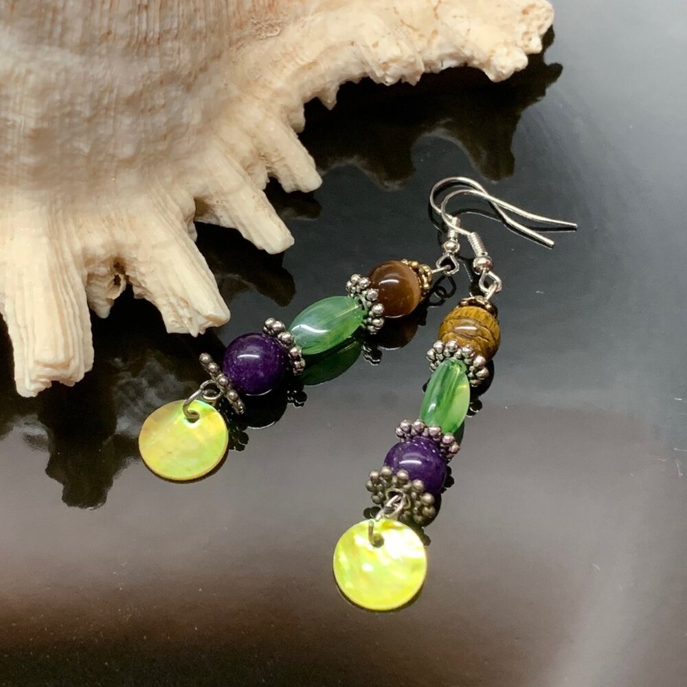 Tiger's Eye Glass Amethyst Bead Handmade Pierced Dangle Earrings LR117
